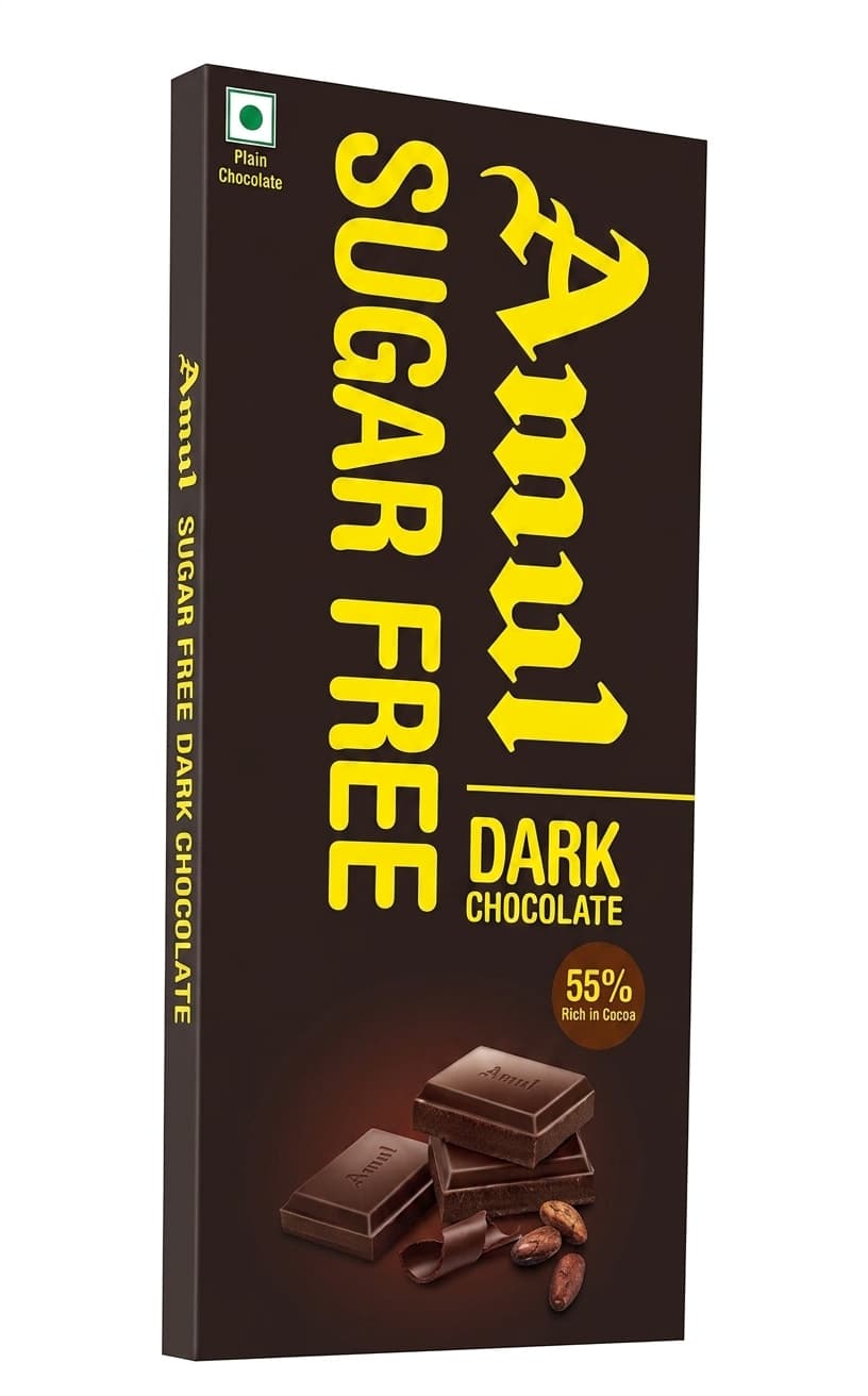 Sugar Free Dark 55% 55% dark bar packaging by Amul