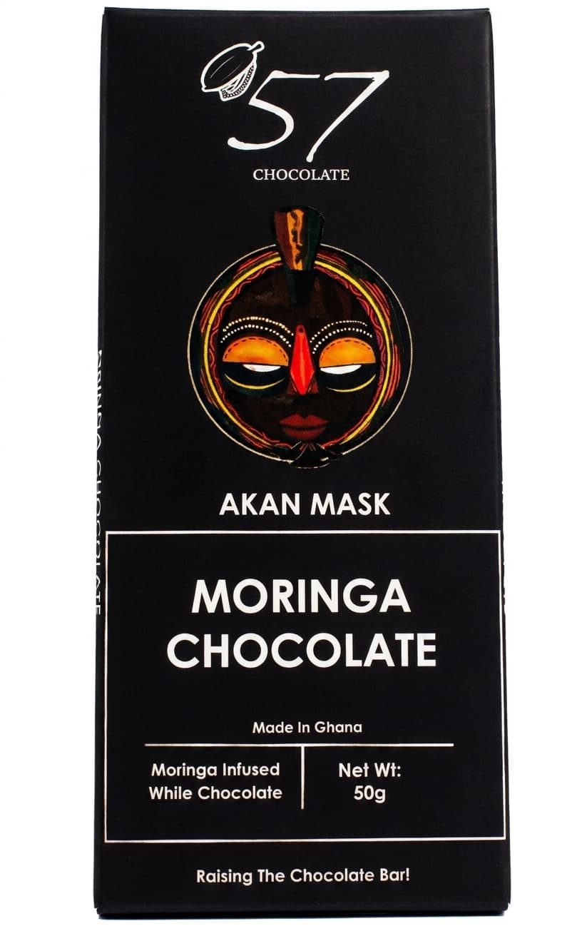 Akan Mask Moringa null% white bar packaging by 57 Chocolate