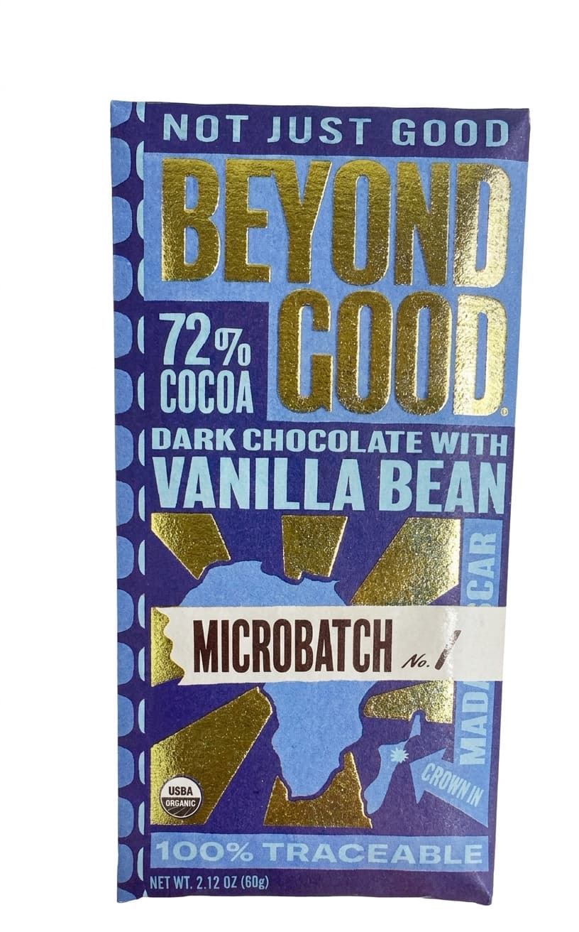 72% Cocoa Dark Chocolate with Vanilla Bean Microbatch 72% dark bar packaging by Beyond Good