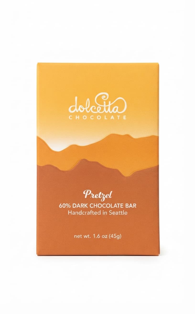 Pretzel 60% 60% dark bar packaging by Dolcetta Chocolate