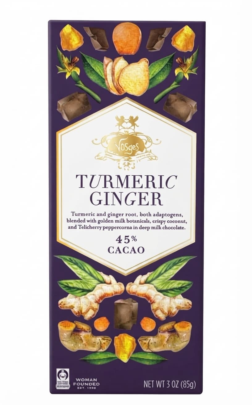 Turmeric Ginger 45% 45% milk bar packaging by Vosges
