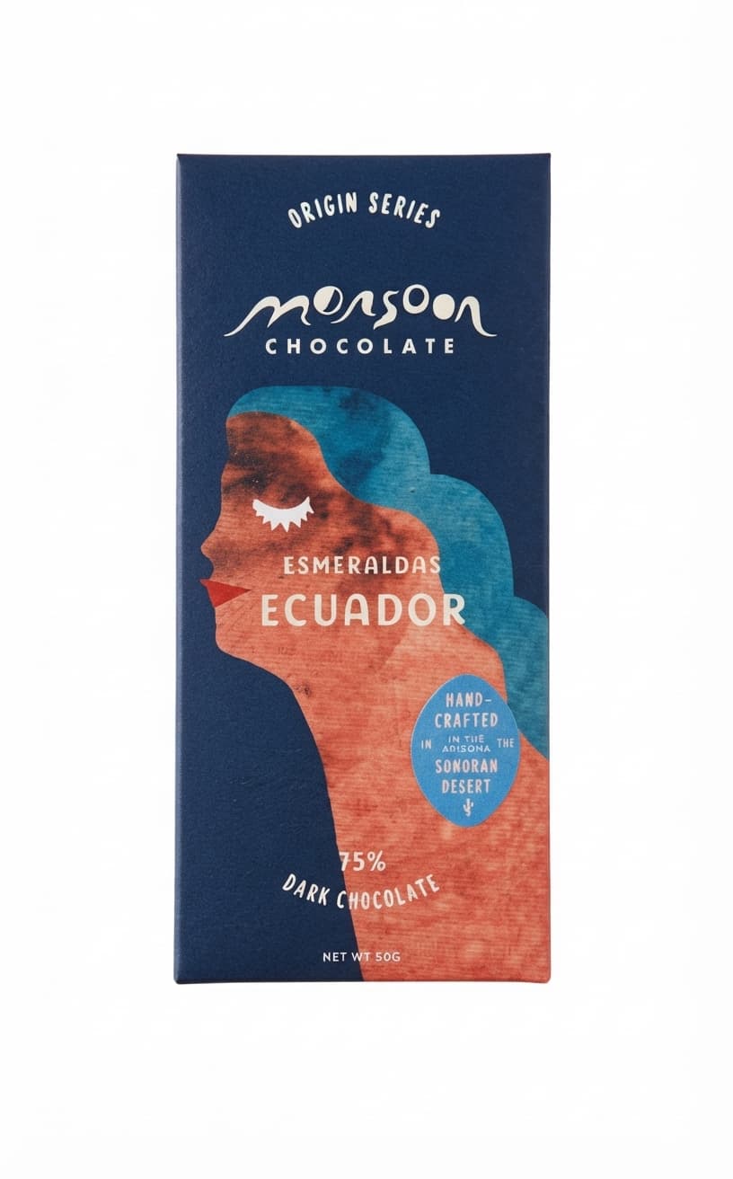 Esmeraldas Ecuador 75% 75% dark bar packaging by Monsoon Chocolate