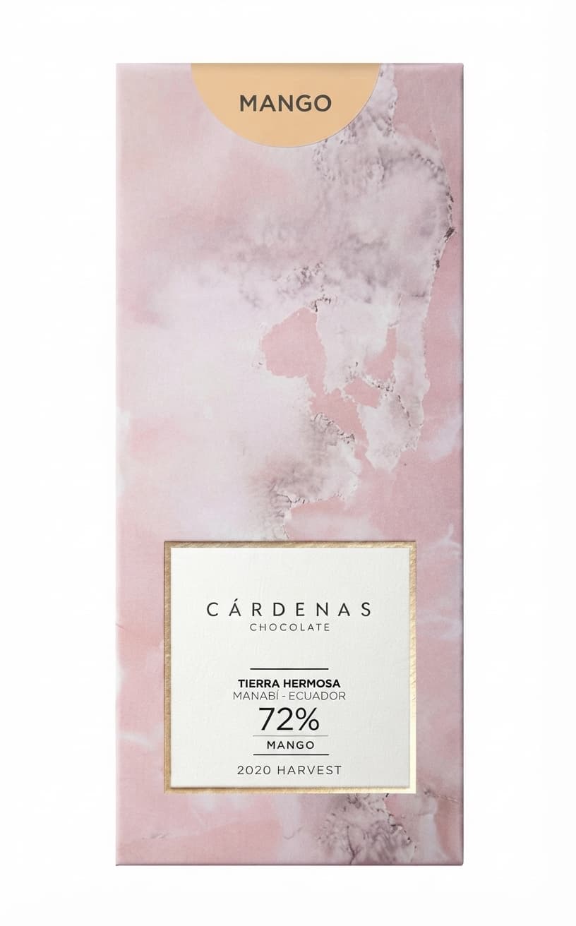 Mango 72% 72% dark bar packaging by Cárdenas Chocolate