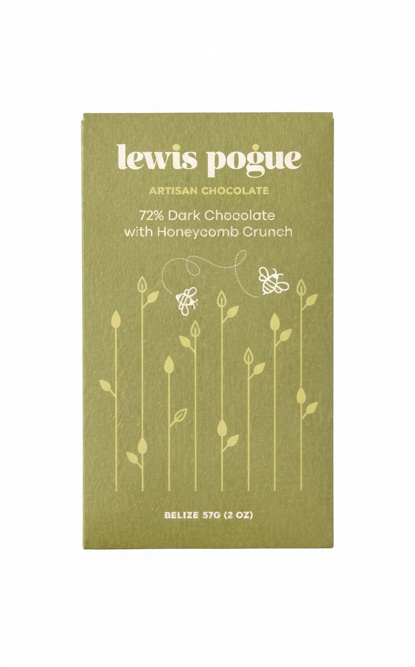 Honeycomb Crunch 72% 72% dark bar packaging by Lewis Pogue Artisan Chocolate