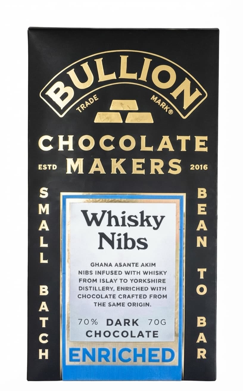 Whisky Nibs 70% 70% dark bar packaging by Bullion