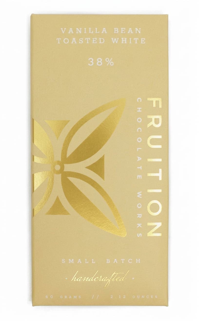 Vanilla Bean Toasted White 38% 38% white bar packaging by Fruition Chocolate Works