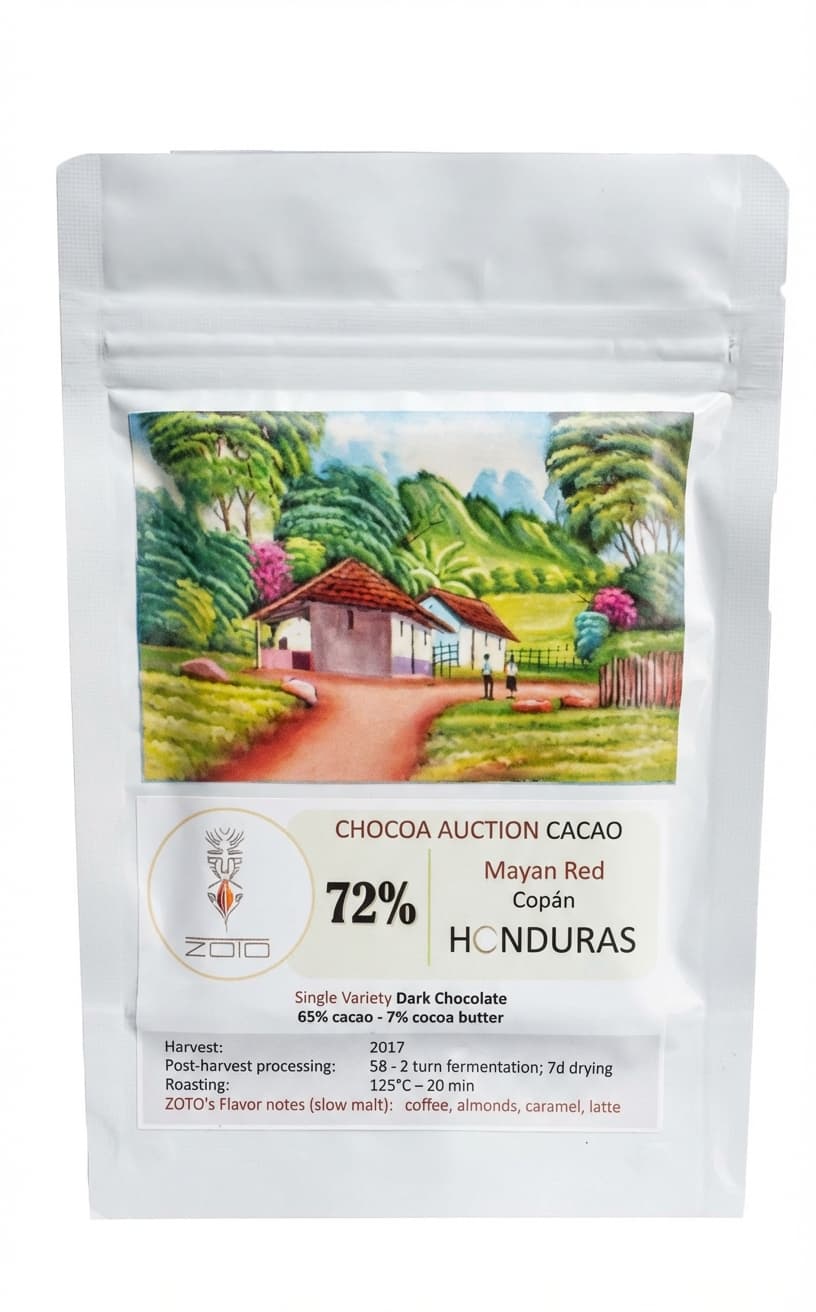 Mayan Red Copán 72% 72% dark bar packaging by ZOTO