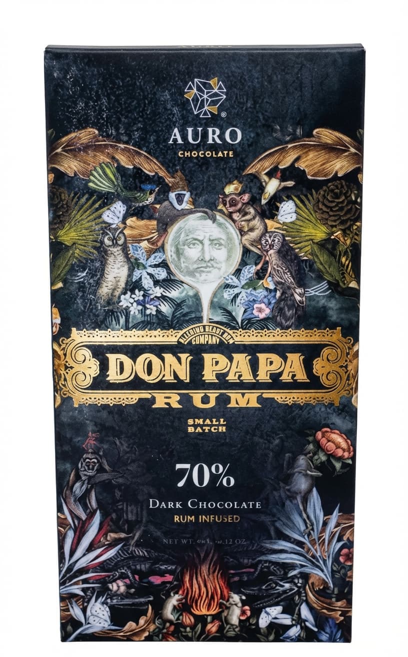 Don Papa Rum Infused 70% 70% dark bar packaging by AURO