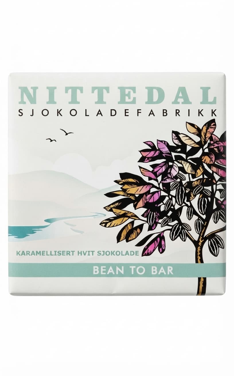 Karamellisert Hvit 33% white bar packaging by Nittedal Sjøkoladefabrikk