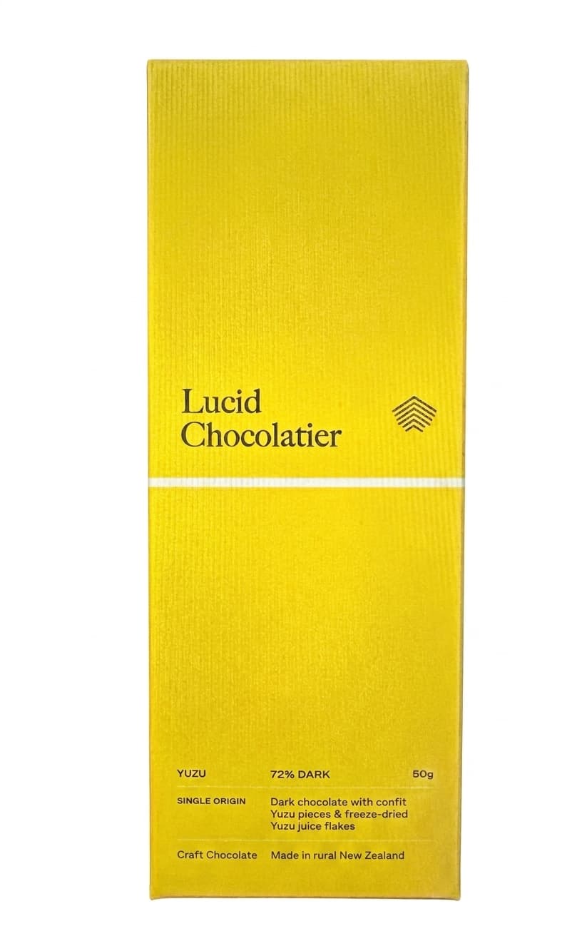 Yuzu 72% Dark 72% dark bar packaging by Lucid Chocolatier