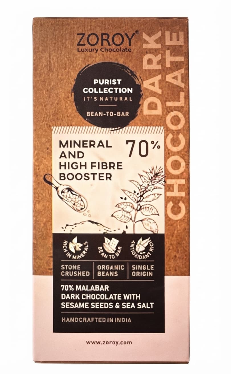 Malabar Sesame Seeds & Sea Salt 70% 70% dark bar packaging by Zoroy