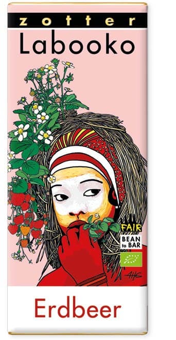 Labooko Strawberry 38% dark bar packaging by Zotter
