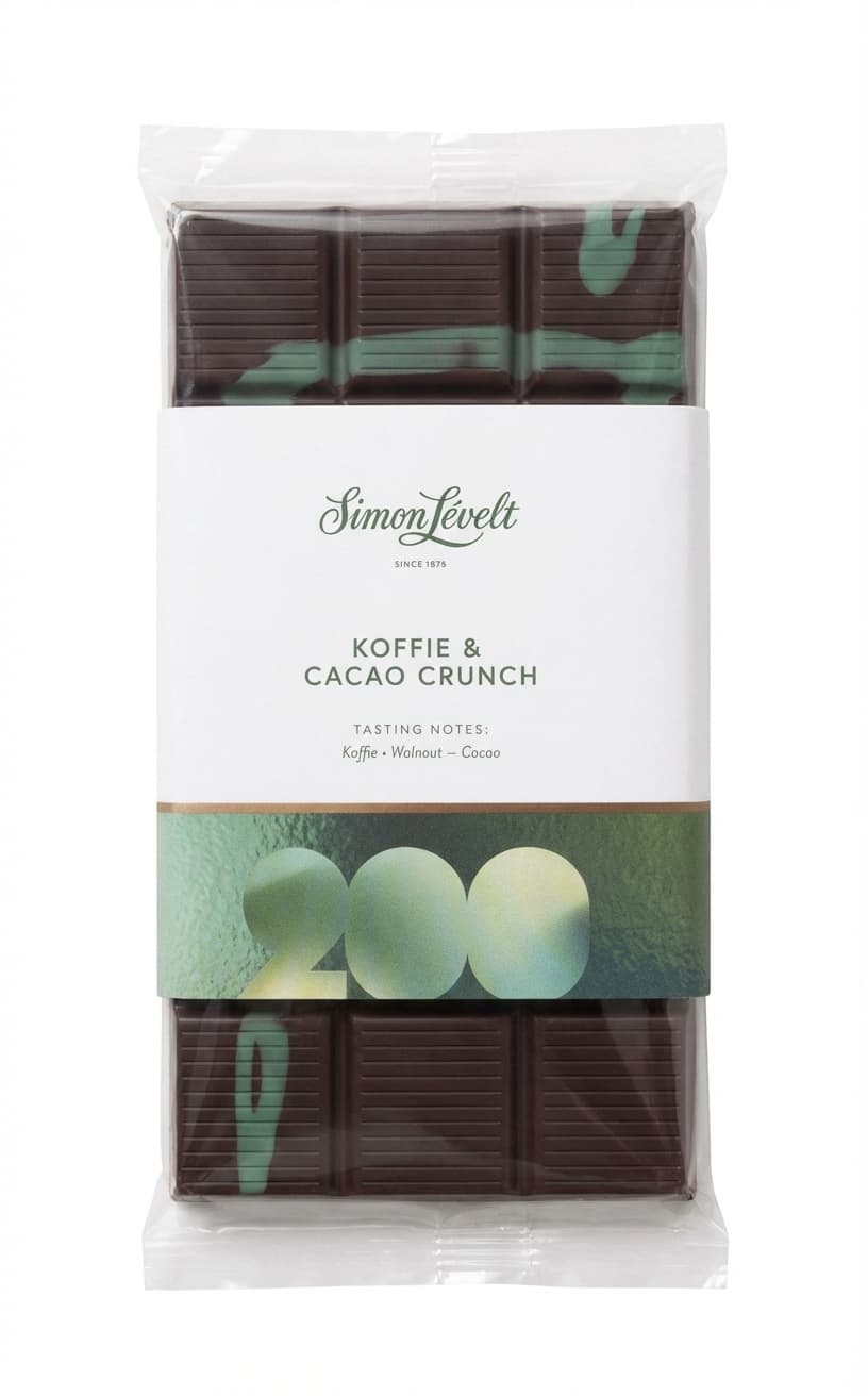 Koffie & Cacao Crunch 55% dark bar packaging by Simon Lévelt