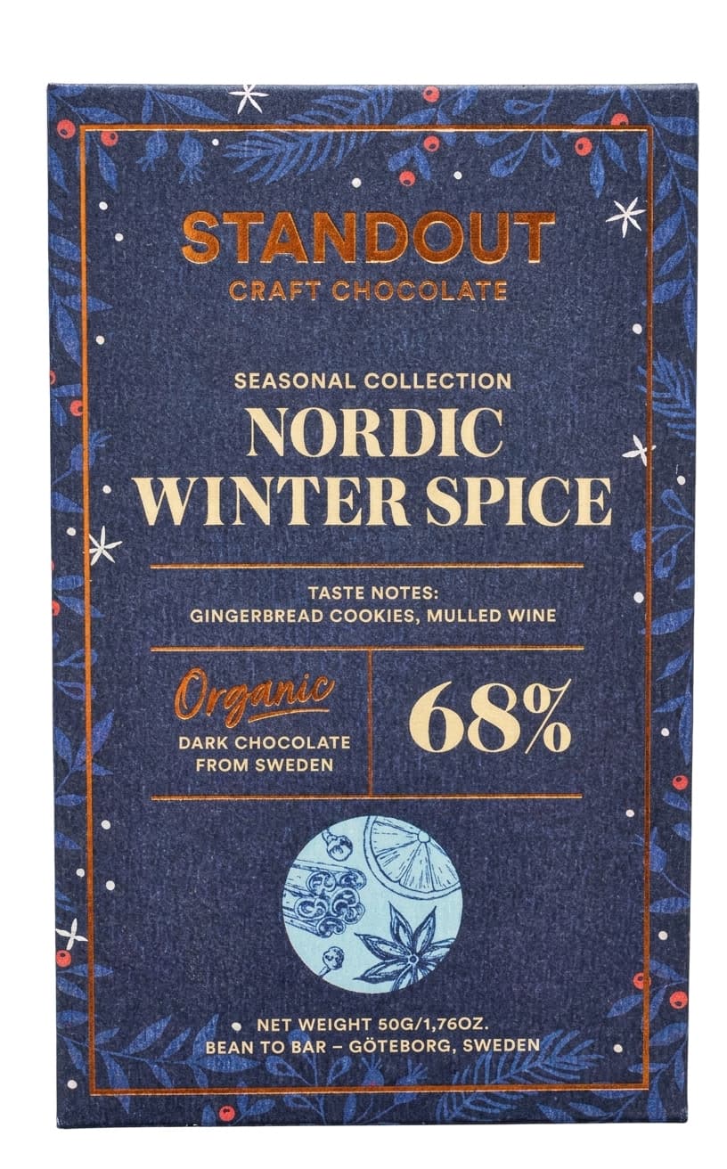Nordic Winter Spice 68% dark bar packaging by Standout Chocolate