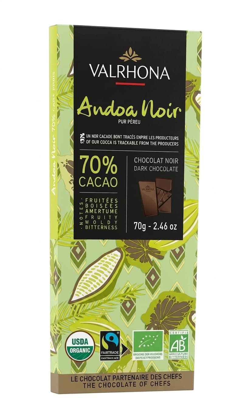 Andoa Noir 70% 70% dark bar packaging by Valrhona