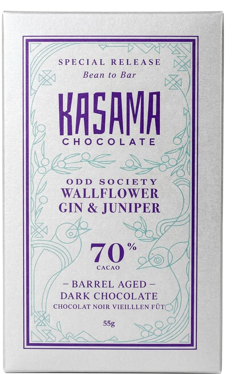 Odd Society Wallflower Gin & Juniper 70% Cacao 70% dark bar packaging by Kasama Chocolate