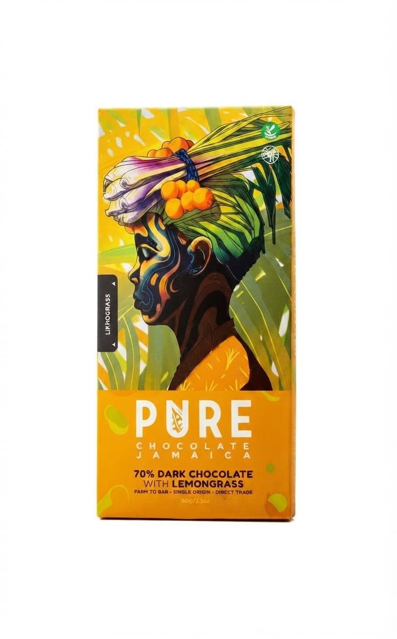 Lemongrass 70% 70% dark bar packaging by Pure Chocolate Jamaica