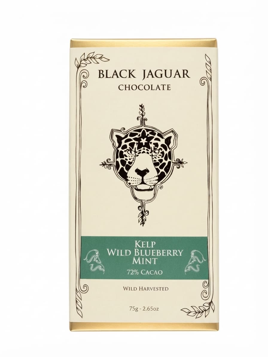 Kelp, Wild Blueberry & Mint 72% 72% dark bar packaging by Black Jaguar Chocolate