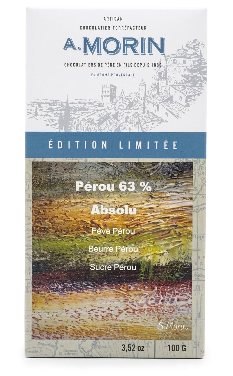 Absolu Pérou 63% 63% dark bar packaging by Chocolaterie Morin
