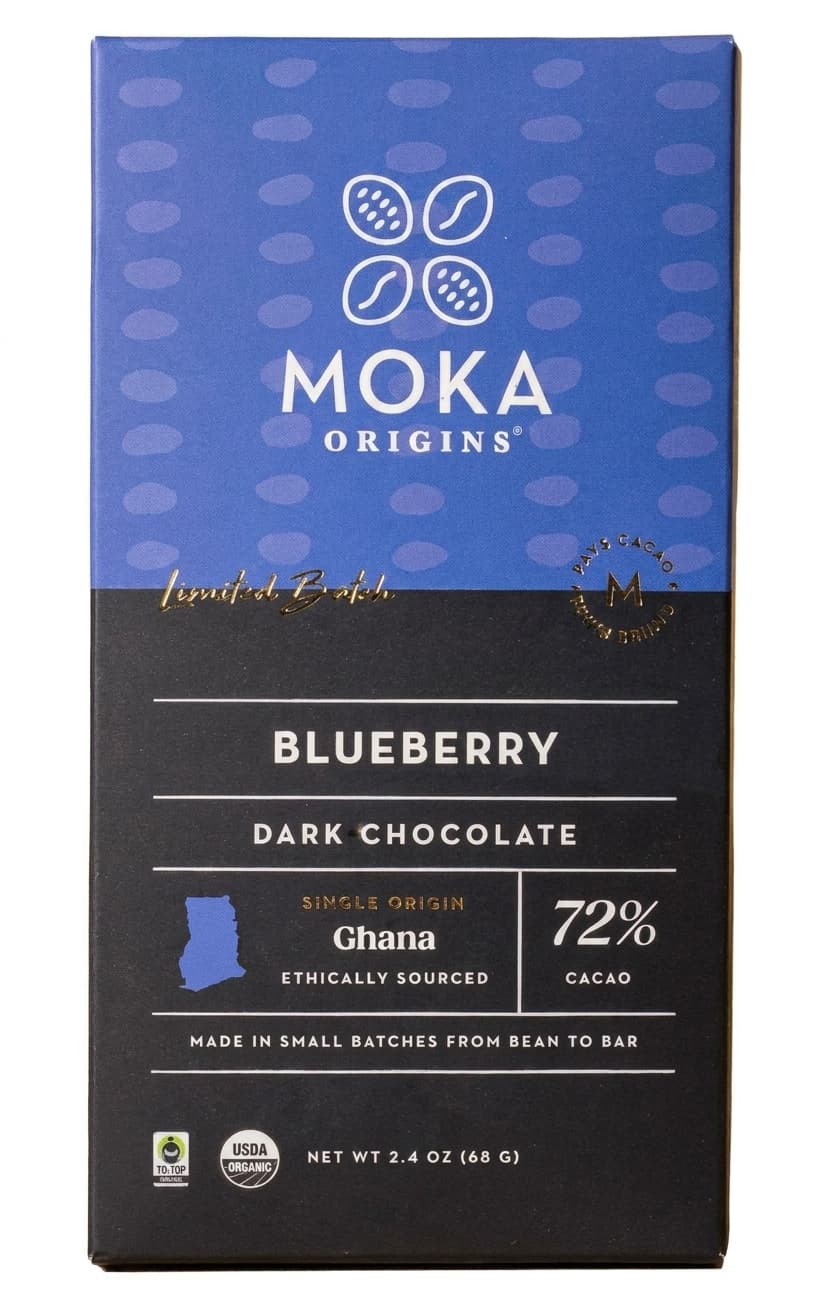 Blueberry 72% 72% dark bar packaging by Moka Origins