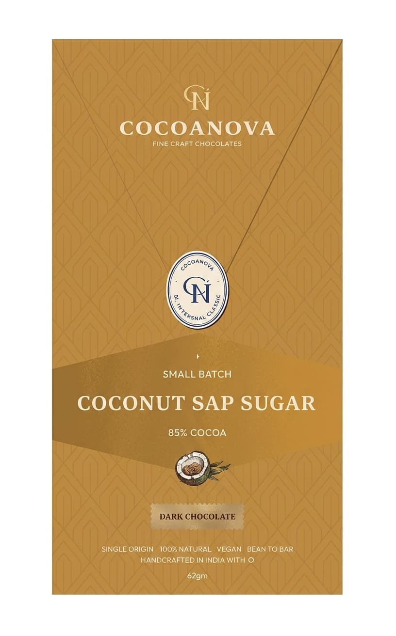 Coconut Sap Sugar 85% 85% dark bar packaging by Cocoanova