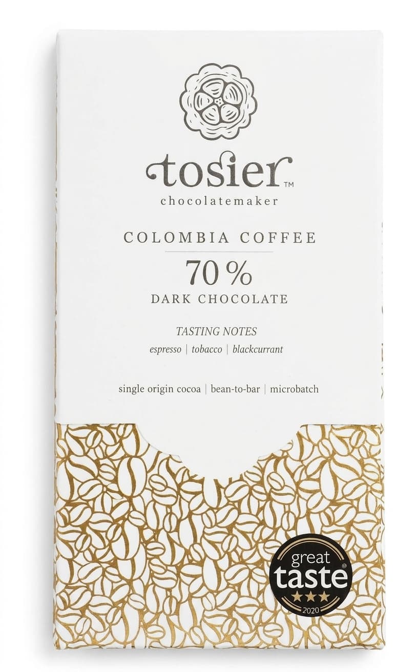 Colombia Coffee 70% 70% dark bar packaging by Tosier