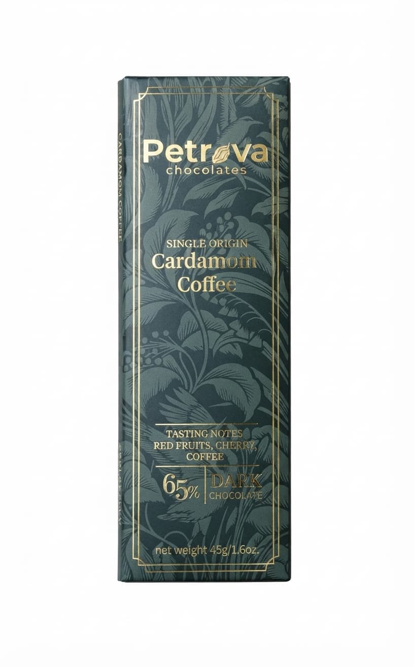 Cardamom Coffee 65% 65% dark bar packaging by Petrova Chocolates