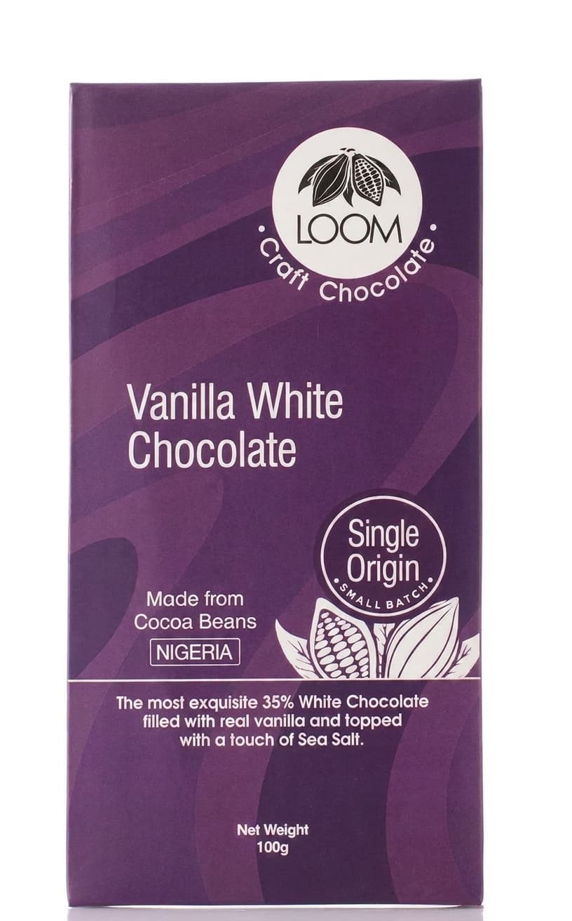 Vanilla White 35% white bar packaging by Loom