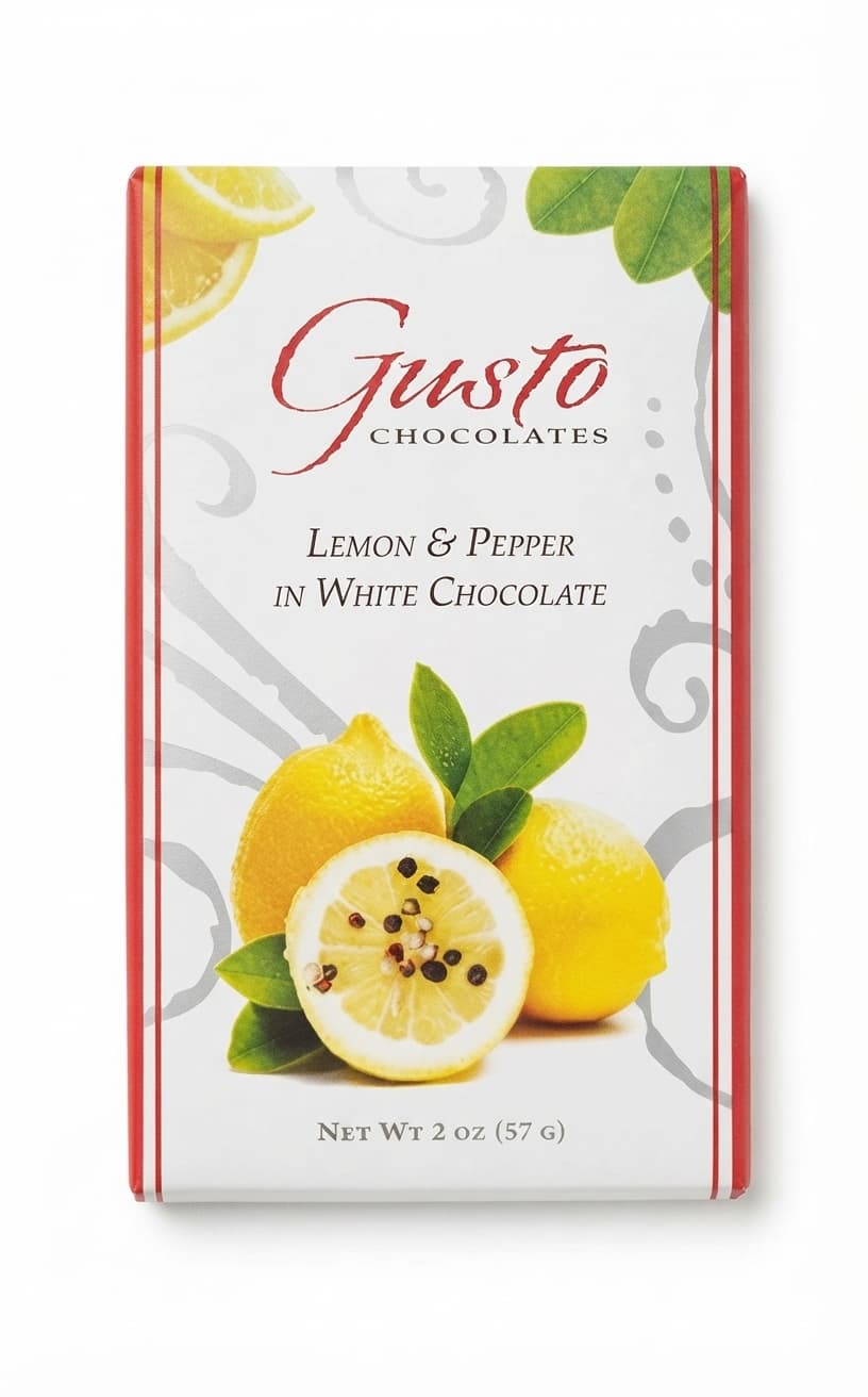 Lemon Pepper null% white bar packaging by Forté Chocolate