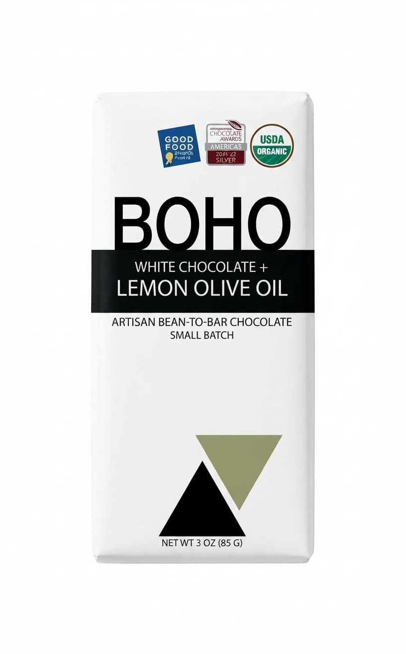 White Chocolate + Lemon Olive Oil white bar packaging by BOHO Chocolate