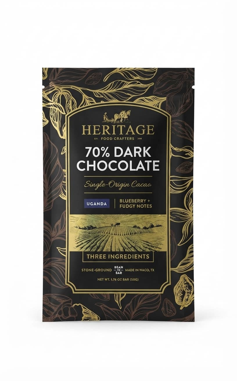 Uganda 70% 70% dark bar packaging by Heritage Food Crafters