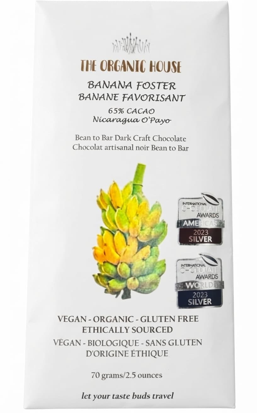 Banana Foster 65% 65% dark bar packaging by The Organic House