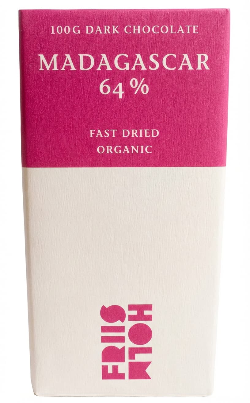 Madagascar 64% Fast Dried Organic 64% dark bar packaging by Friis Holm