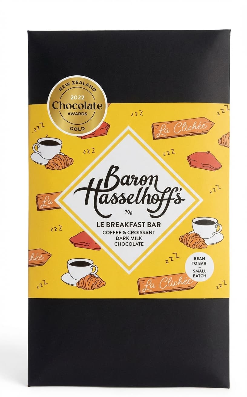 Le Breakfast Bar 45% milk bar packaging by Baron Hasselhoff's