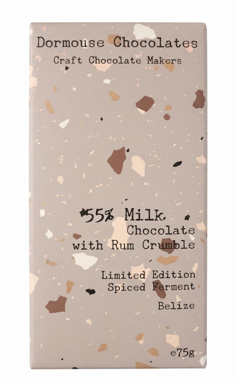 Rum Crumble 55% 55% milk bar packaging by Dormouse Chocolates