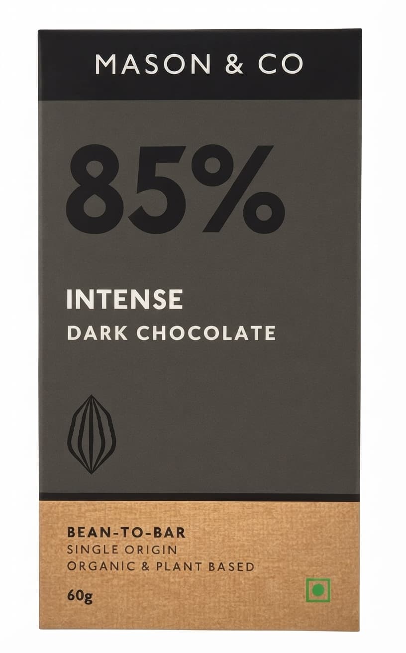 Intense 85% 85% dark bar packaging by Mason & Co