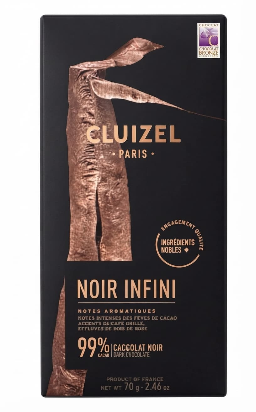 Noir Infini 99% 99% dark bar packaging by Cluizel