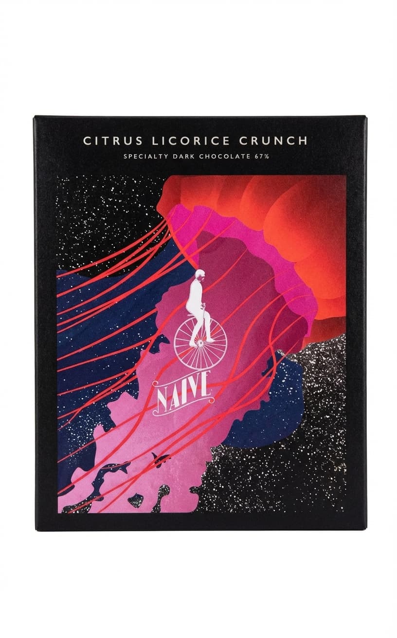 Citrus Licorice Crunch 67% dark bar packaging by Naive