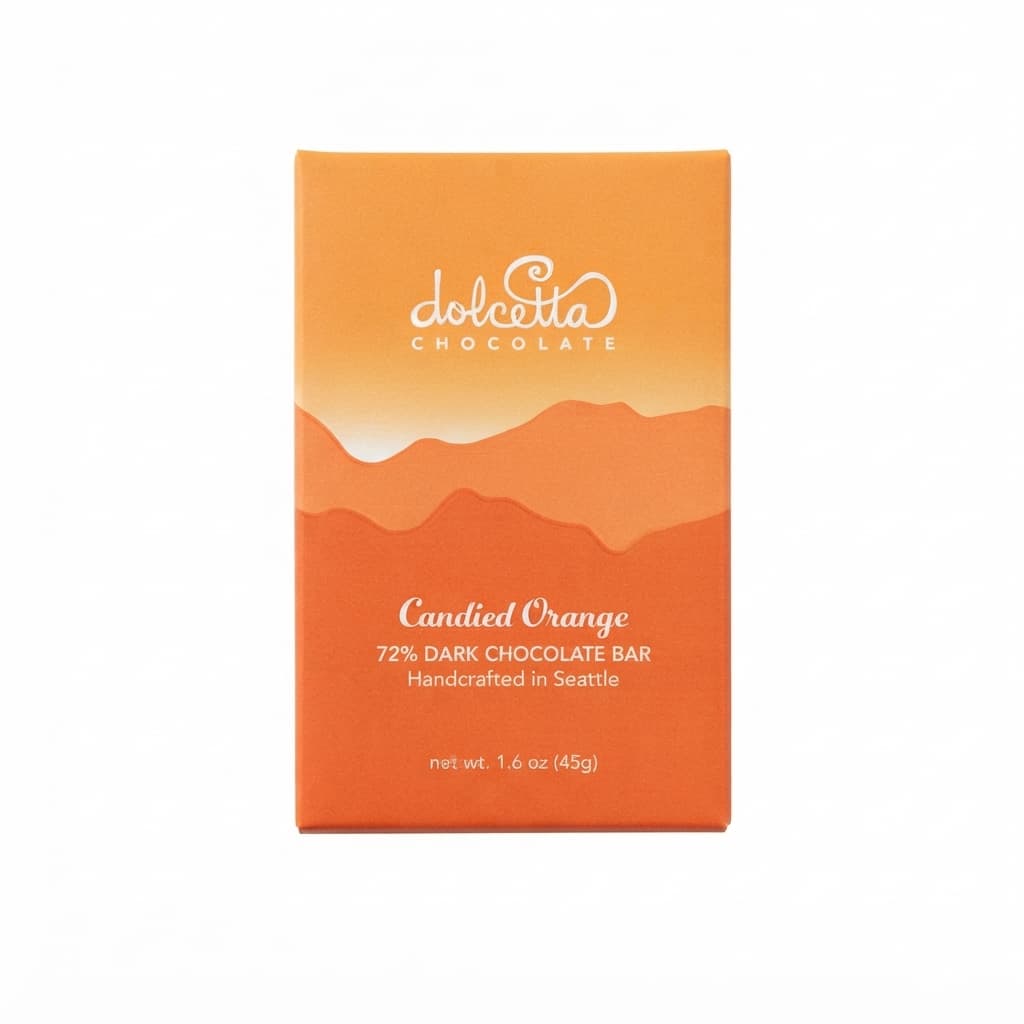 Candied Orange 72% 72% dark bar packaging by Dolcetta Chocolate