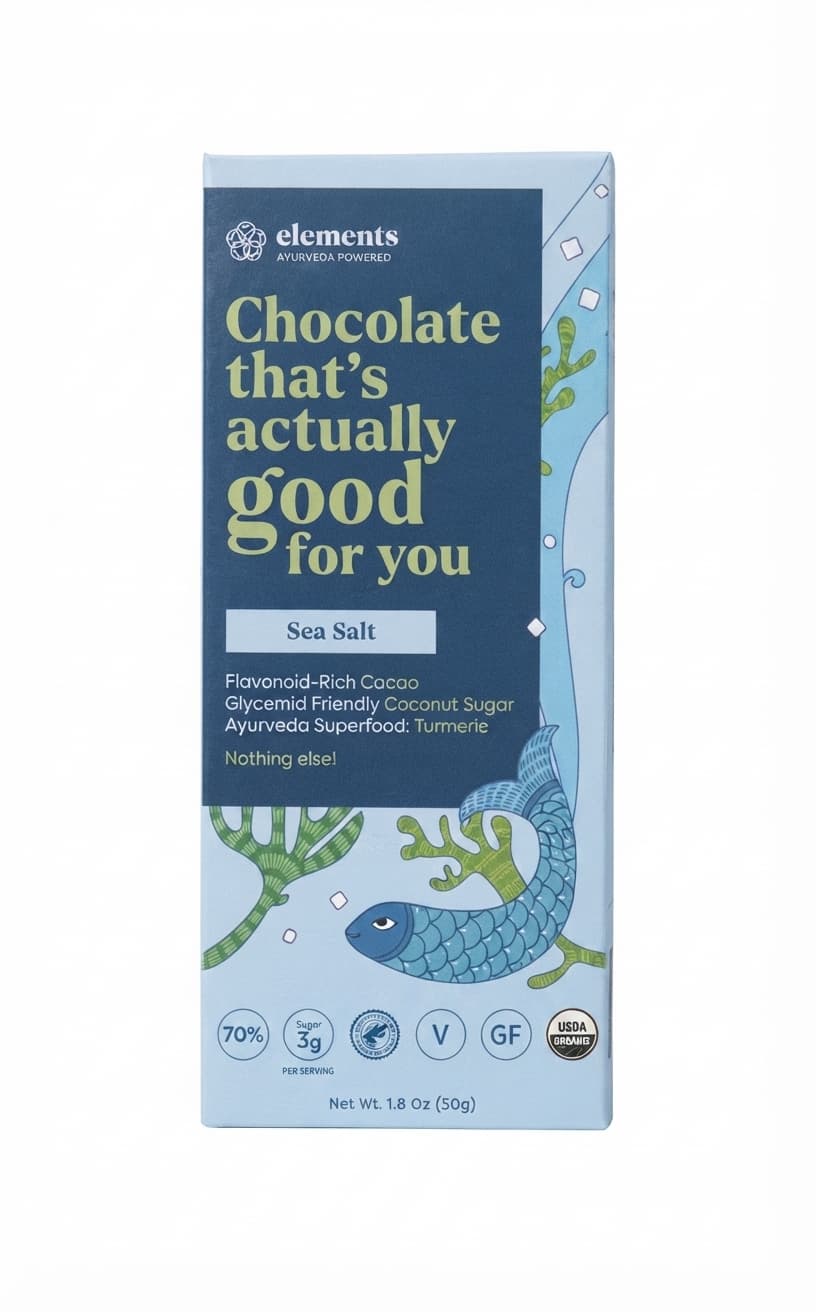 Sea Salt 70% 70% dark bar packaging by Elements Truffles