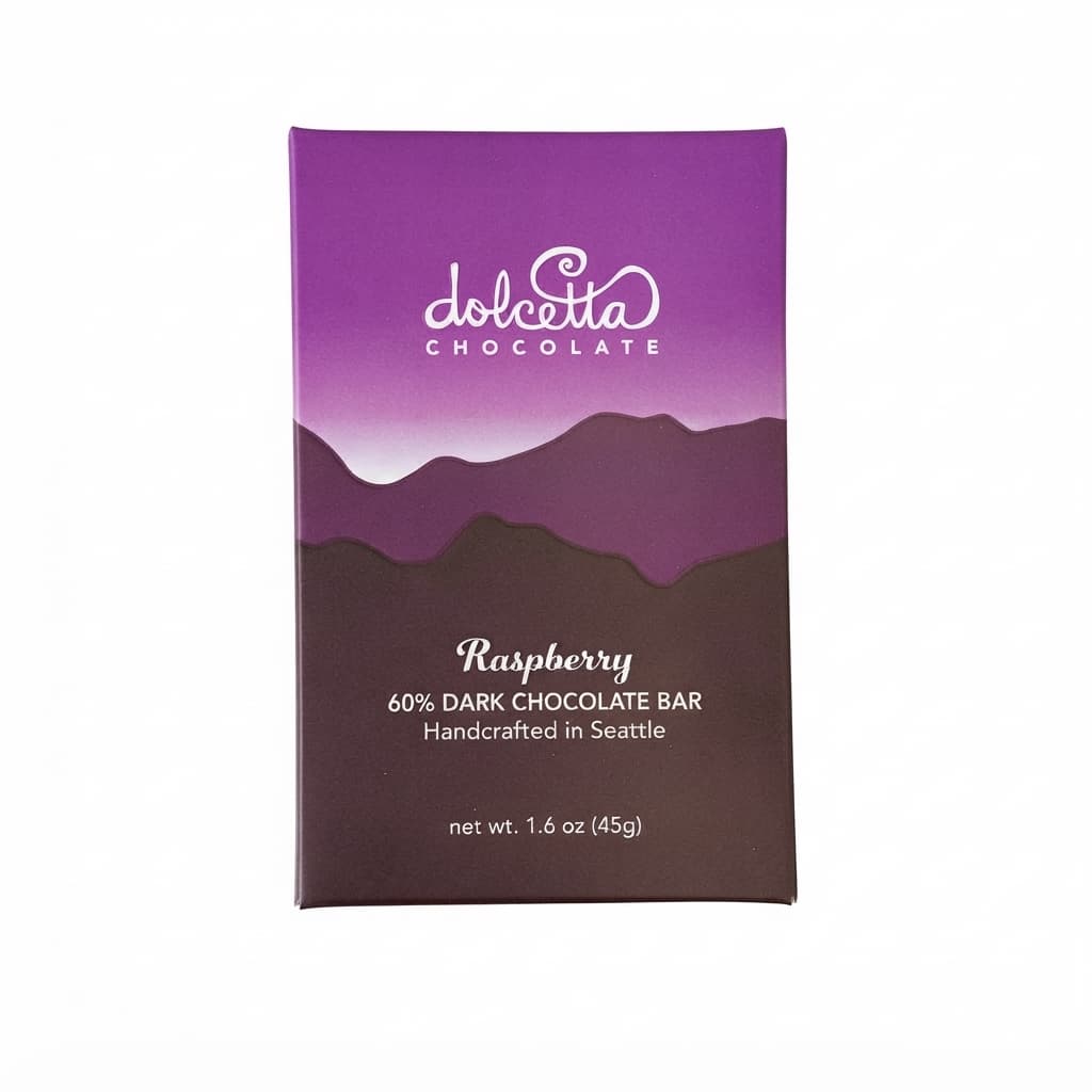 Raspberry 60% 60% dark bar packaging by Dolcetta Chocolate