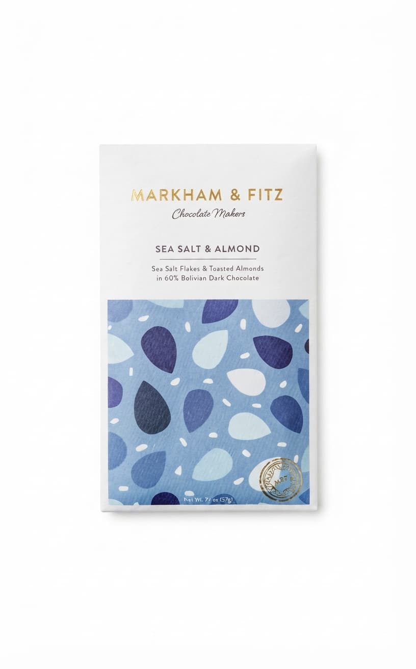Sea Salt Almond 60% 60% dark bar packaging by Markham & Fitz
