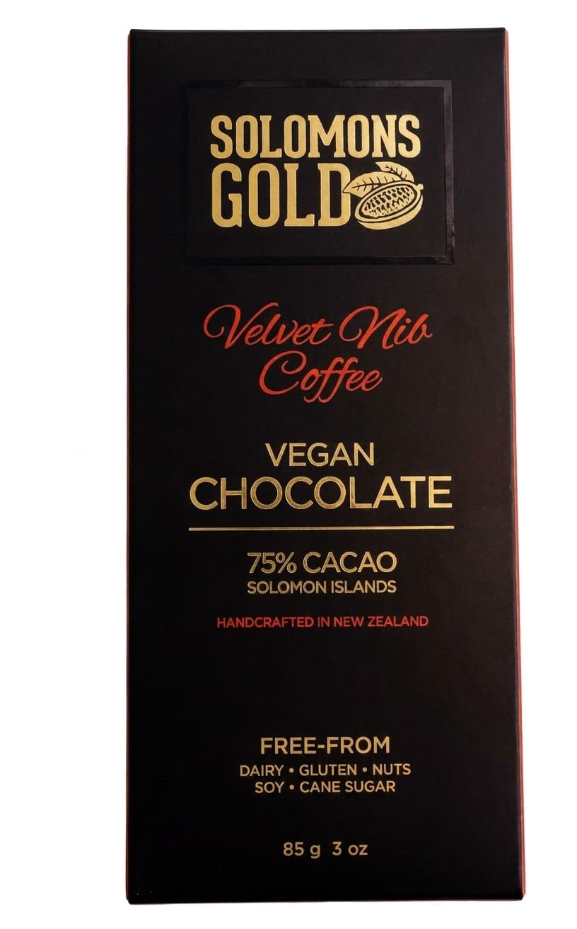 Velvet Nib Coffee 75% 75% dark bar packaging by Solomons Gold