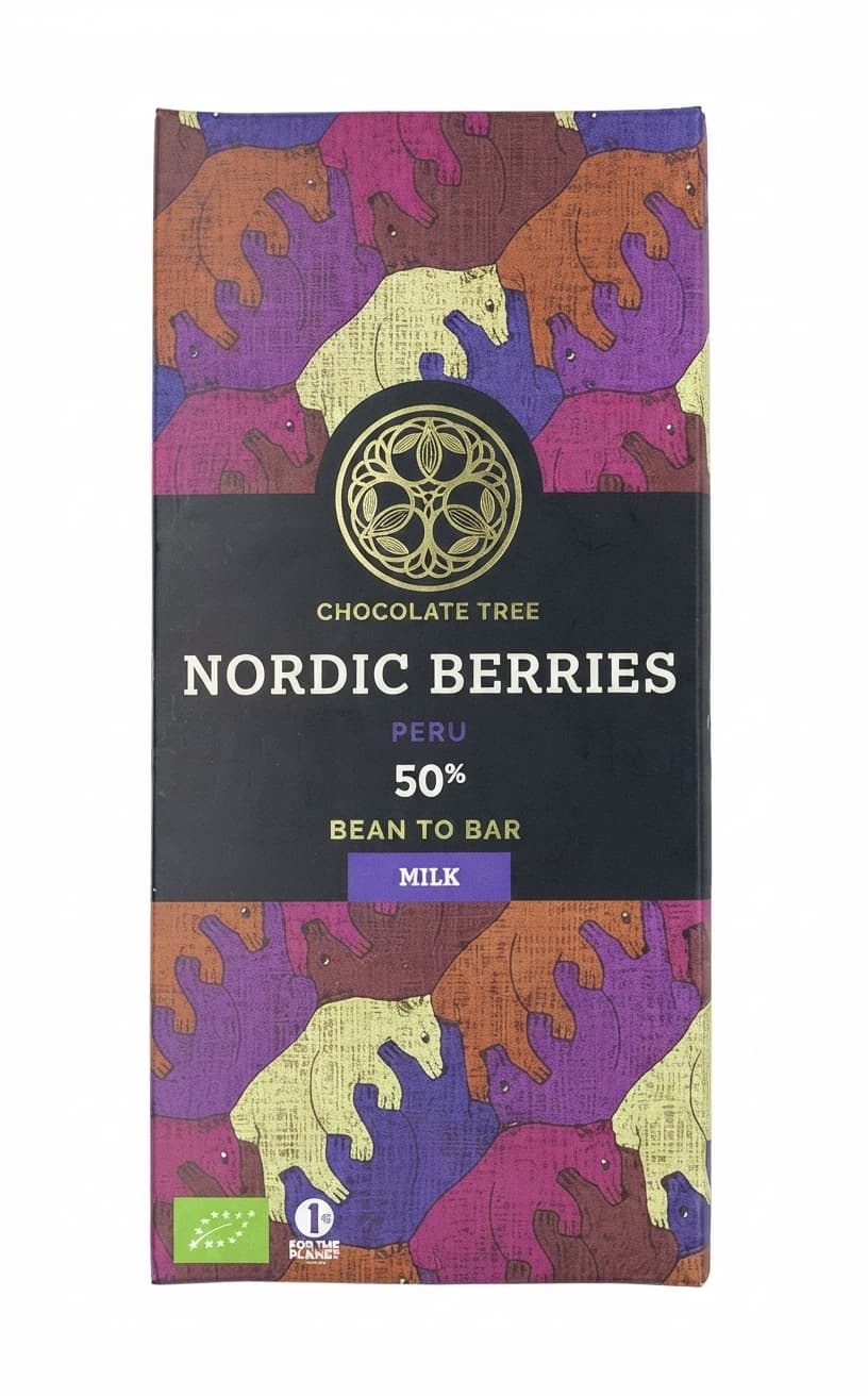 Nordic Berries Milk 50% 50% milk bar packaging by CHOCOLATE TREE