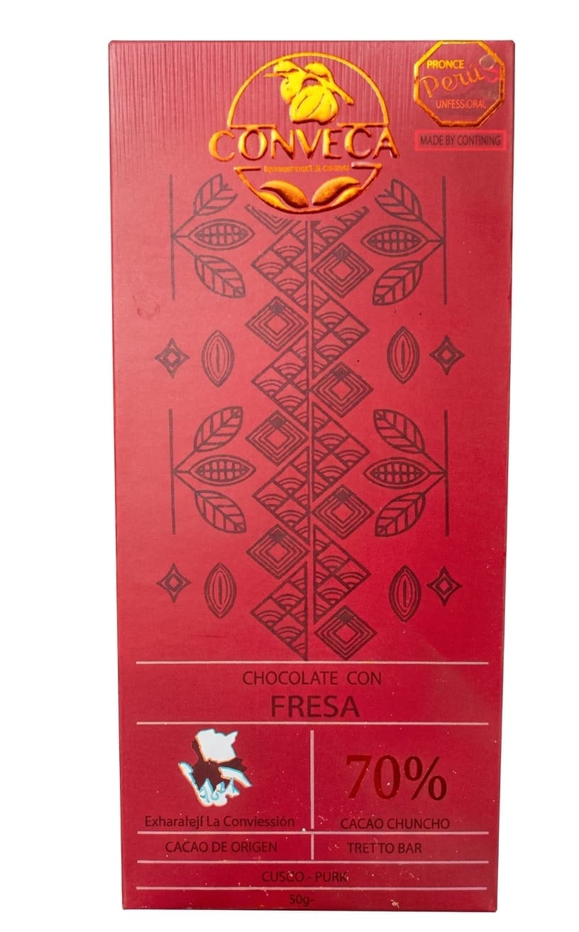 Chocolate con Fresa 70% 70% dark bar packaging by Conveca