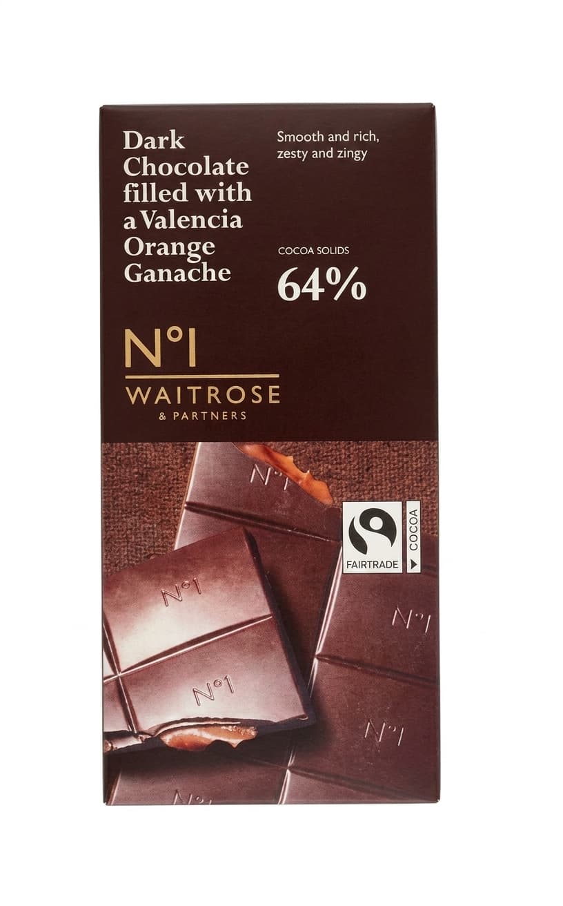 Valencia Orange Ganache 64% 64% dark bar packaging by Waitrose & Partners
