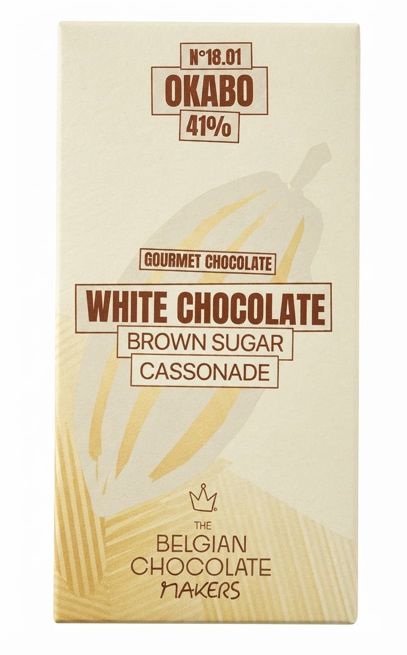 Okabo 41% 41% white bar packaging by The Belgian Chocolate Makers