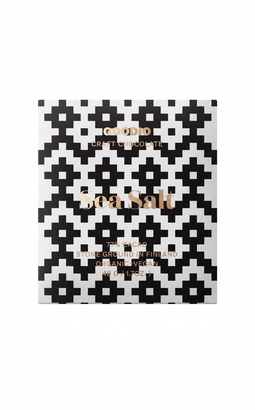 Sea Salt Peru 77% 77% dark bar packaging by Goodio