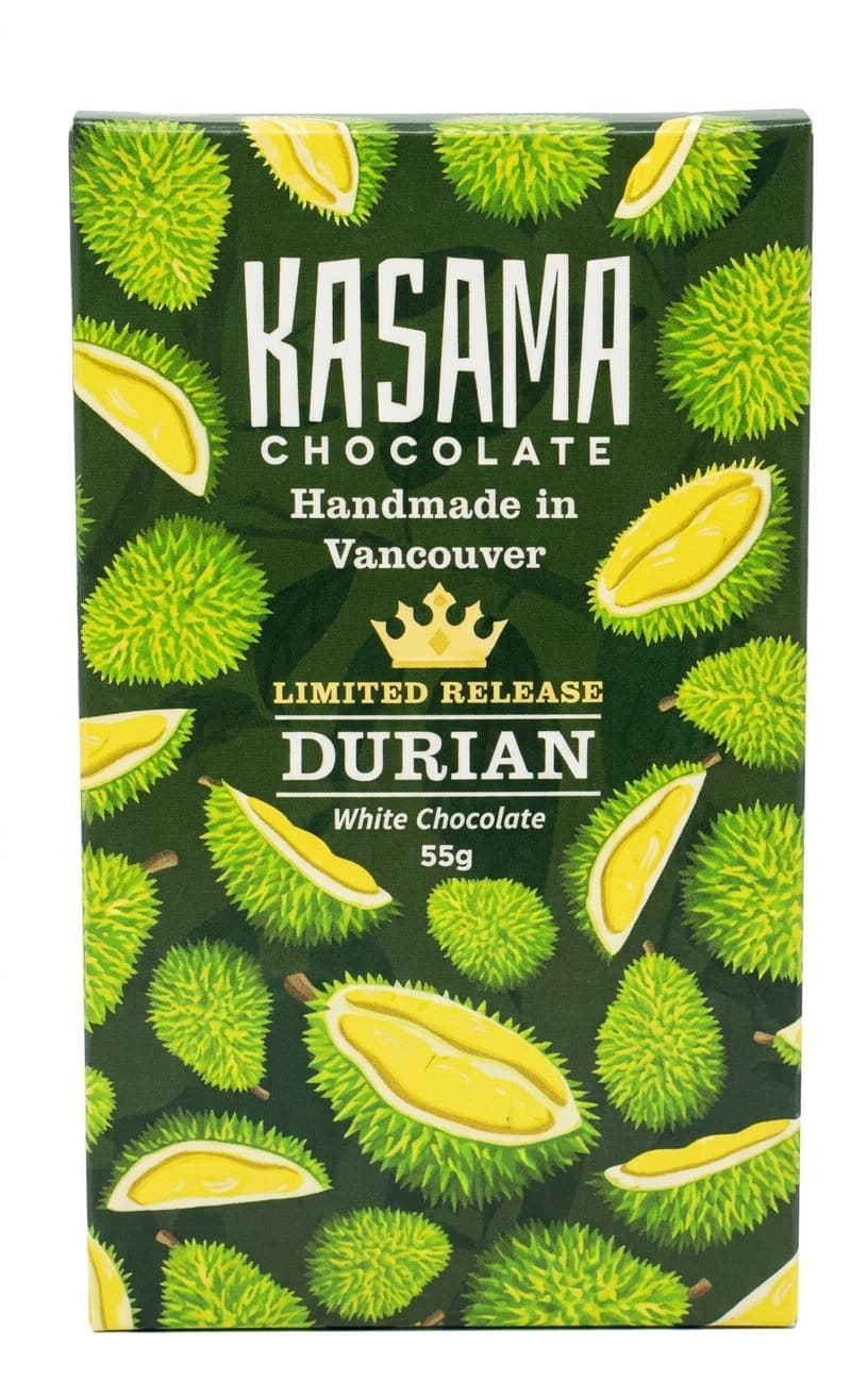 Durian White Chocolate null% white bar packaging by Kasama Chocolate