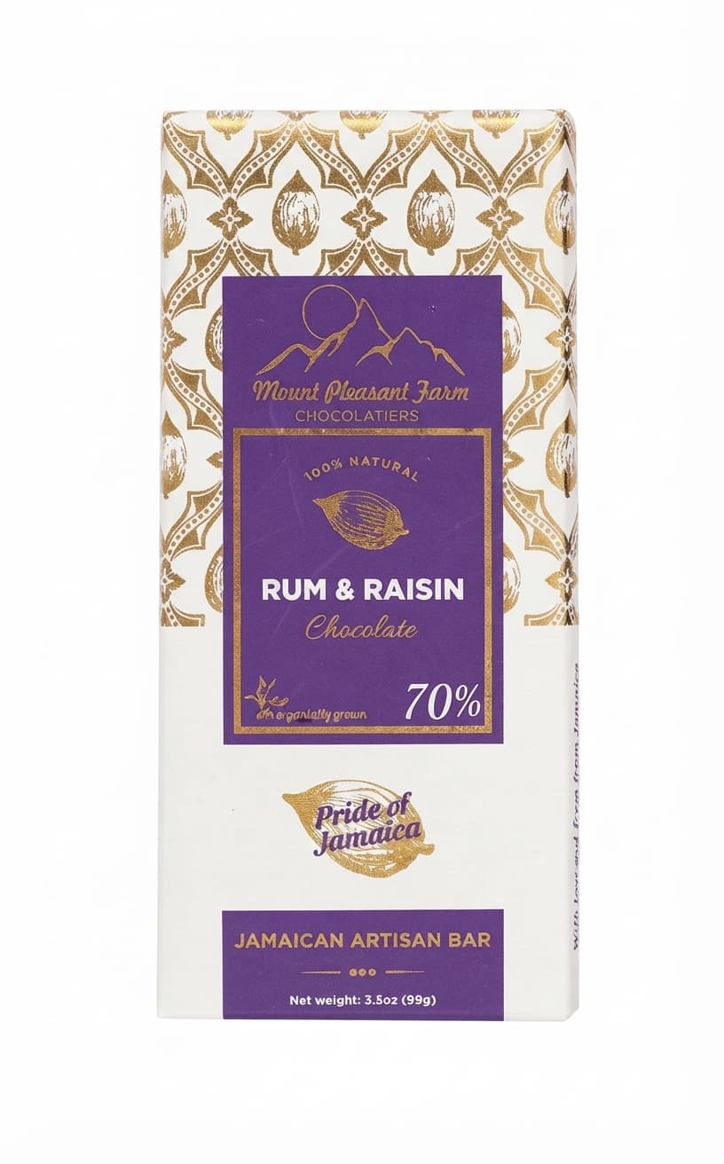 Rum & Raisin 70% 70% dark bar packaging by Mount Pleasant Farm Chocolatiers
